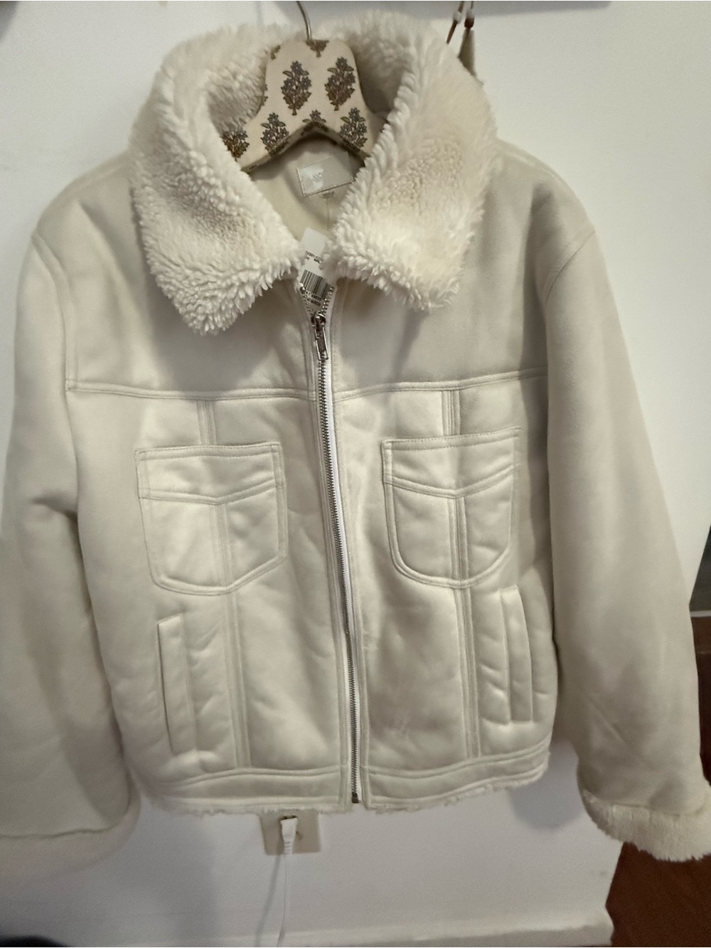 NWT MOTHER The Straight and Narrow Sherpa Jacket White Lies L $425 Faux Suede